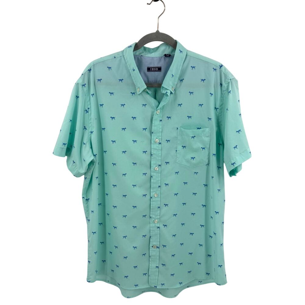 Izod Mens Shirt Size XL Mint Green Blue Dog Print Short Sleeve Button Up